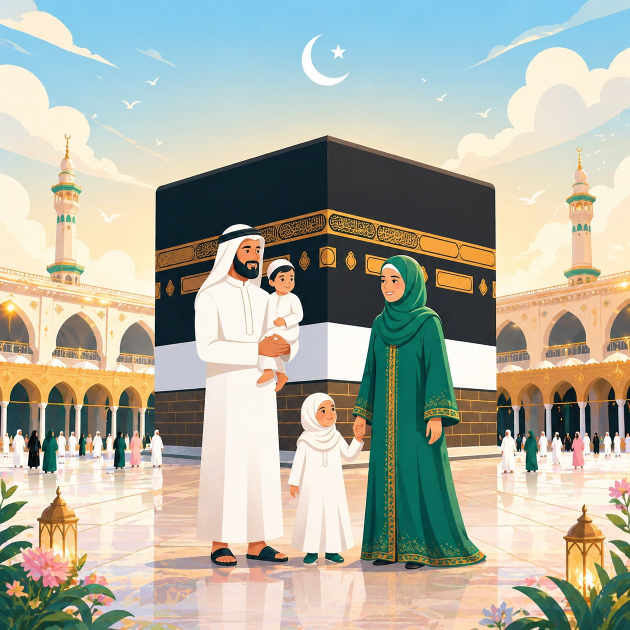 Famille de pelerins devant la Kaaba