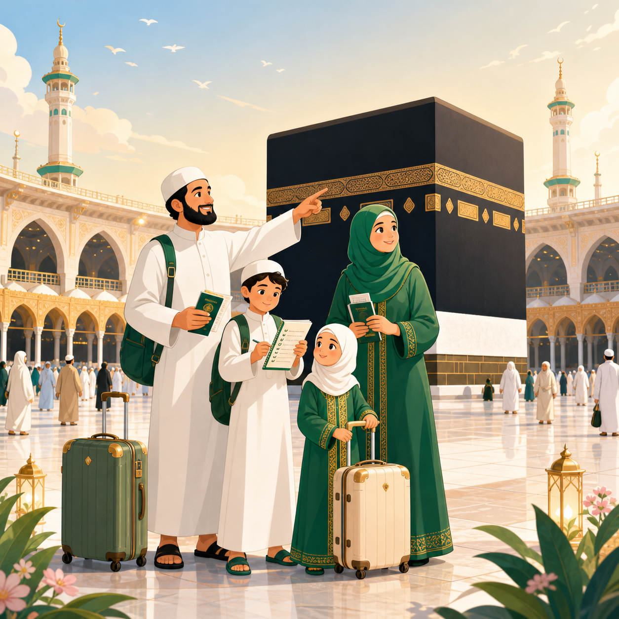 Famille de pelerins qui prepare son voyage